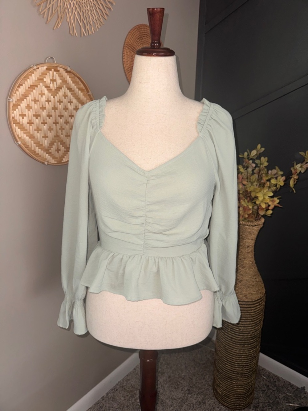 Altar'd State sage green peplum crop ruched front cottagecore boho dressy casual